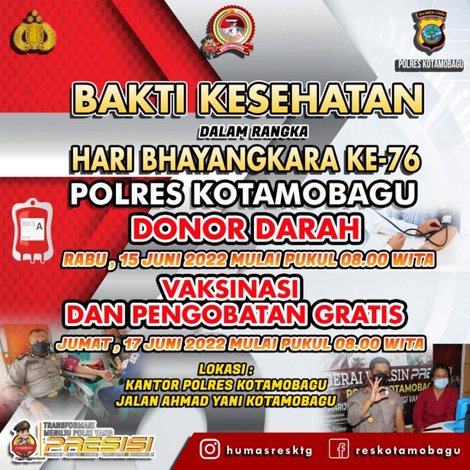 Besok, Polres Kotamobagu Gelar Bakti Kesehatan Berupa Donor Darah, Vaksinasi & Pengobatan Gratis.