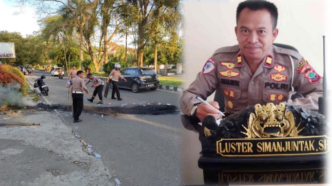 Wujud Aksi Humanis, Satlantas Polres Kotamobagu Bersihkan Sisa Pembakaran Ban Pasca Aksi Damai Aliansi Mahasiswa