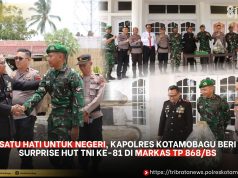 Satu Hati untuk Negeri, Kapolres Kotamobagu Beri Surprise HUT TNI ke-81 di Markas TP 868/BS
